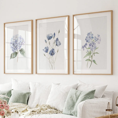 Watercolor Blue Flowers.Wall Art Set of 3 Piece