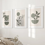 3 Piece Boho Wall Art Prints. Green Mid-Century Abstract Decor