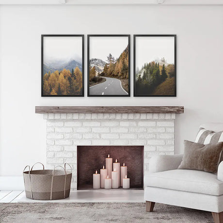 Brown Autumn Mountain Forest Scenery. Set of 3 Prints