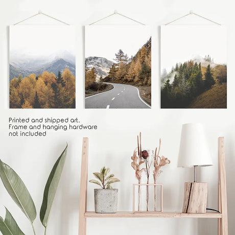 Brown Autumn Mountain Forest Scenery. Set of 3 Prints