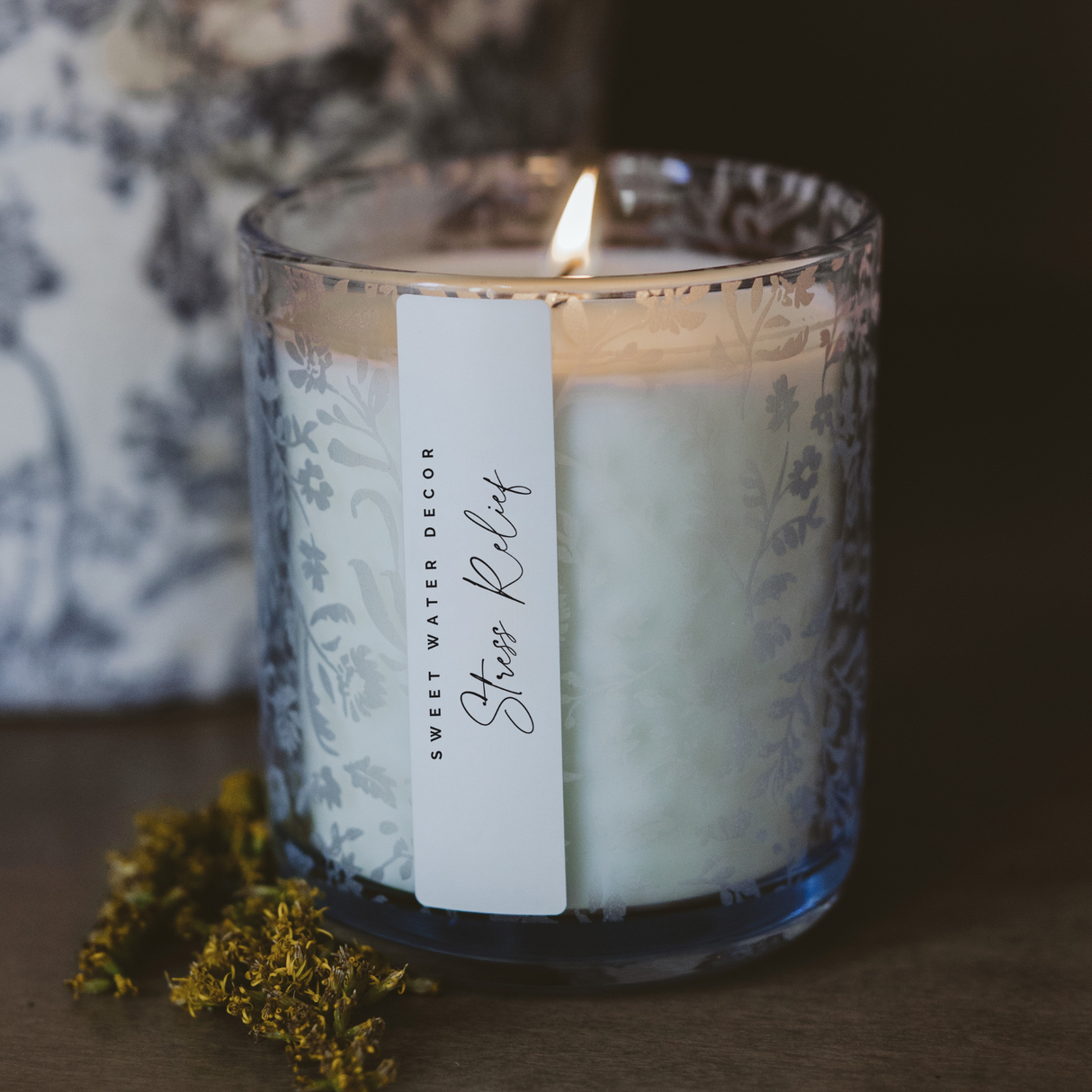 Stress Relief Soy Candle - Blue Tinted Glass Jar - 12 oz