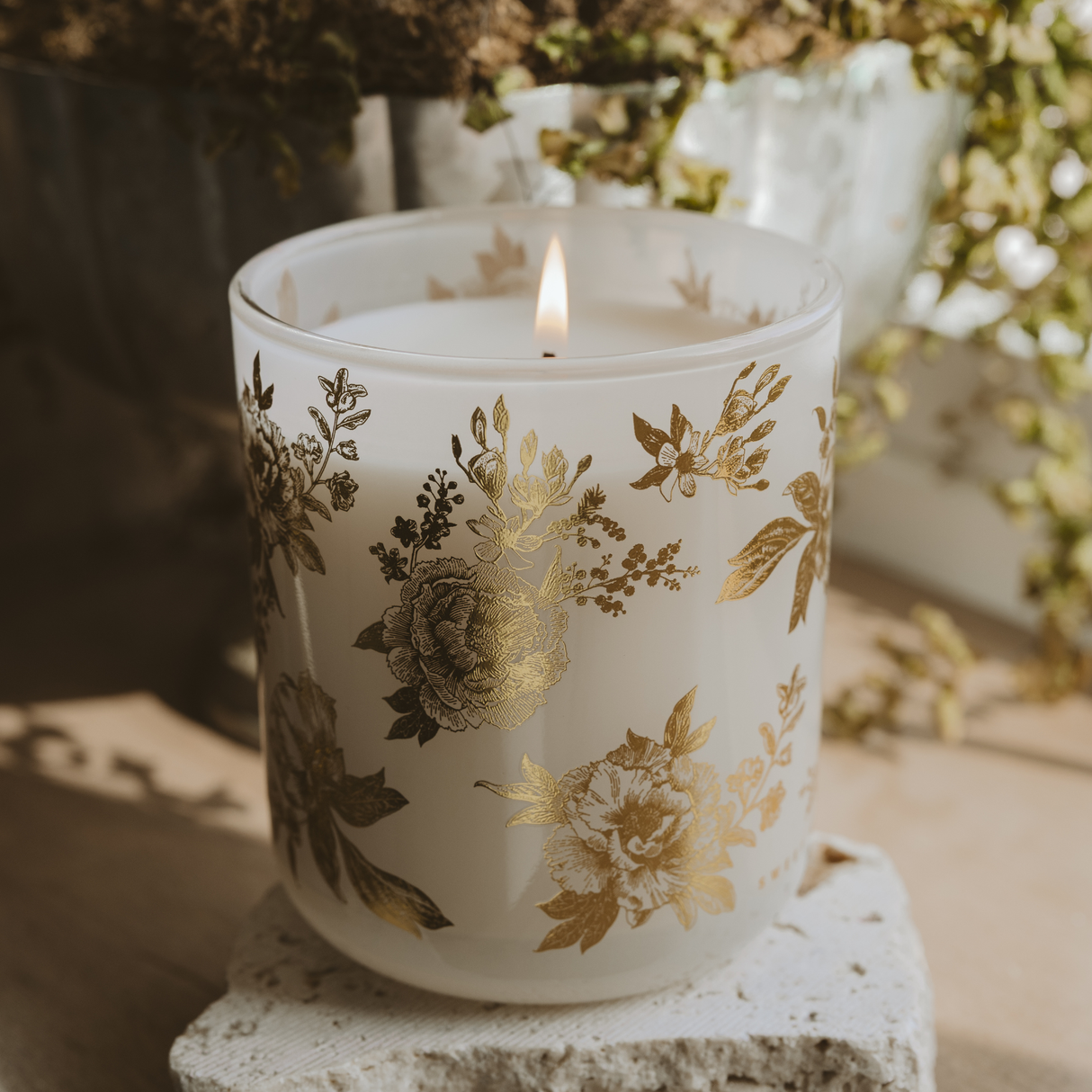 Gold Delft Soy Candle - White Translucent Tinted Glass Jar - 12 oz