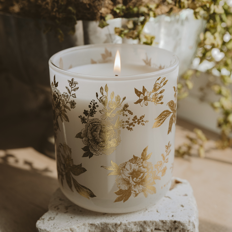 Gold Delft Soy Candle - White Translucent Tinted Glass Jar - 12 oz
