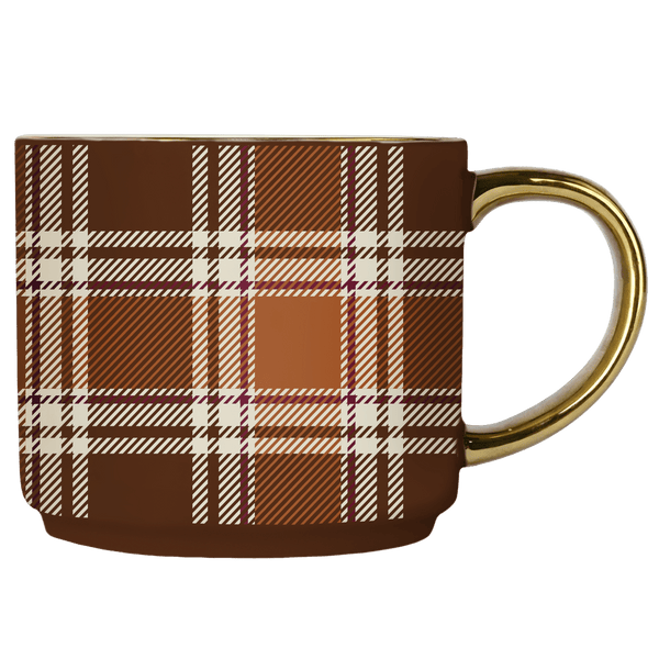 Brown Plaid 14oz. Gold Handle Coffee Mug
