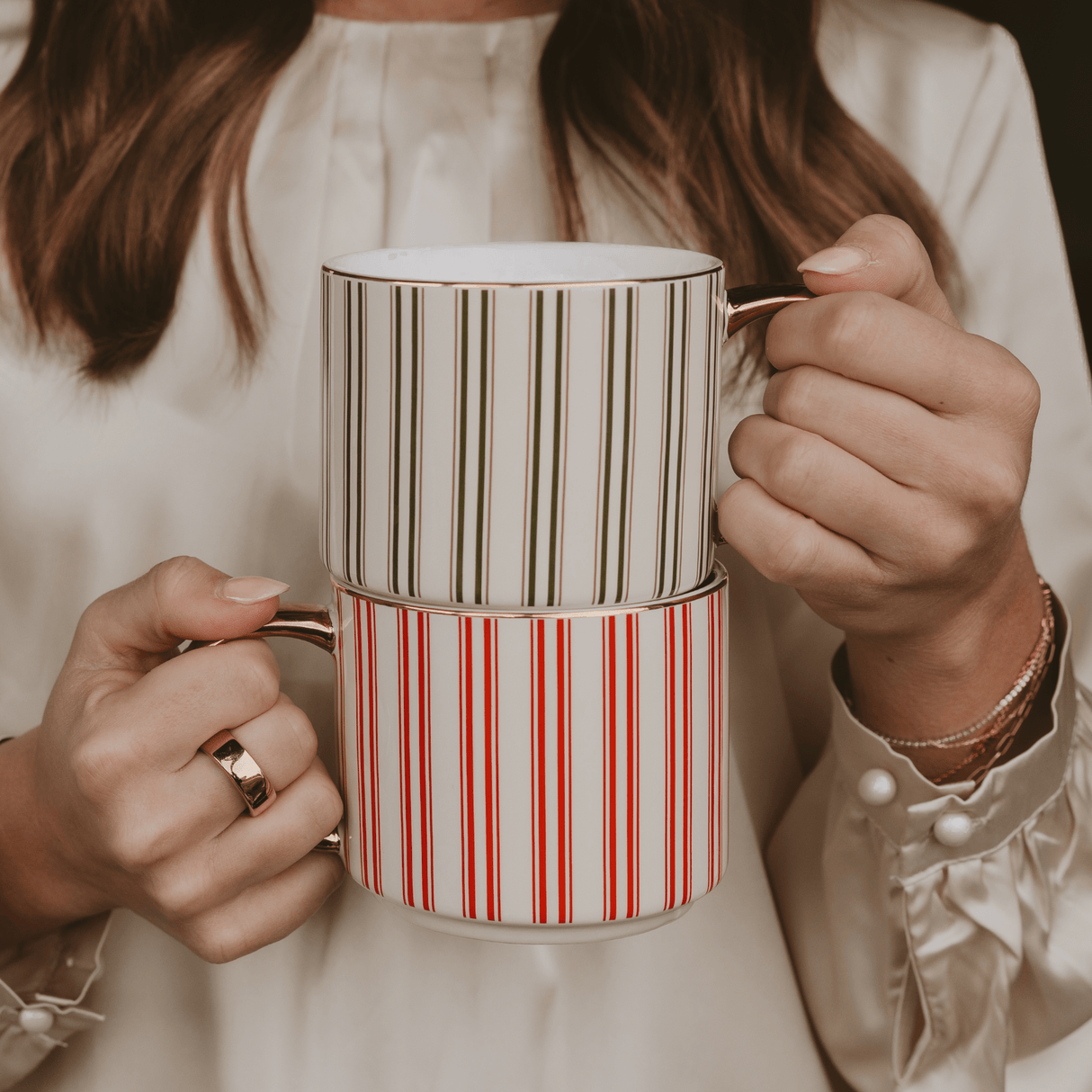 Green Stripe 14oz. Gold Handle Coffee Mug
