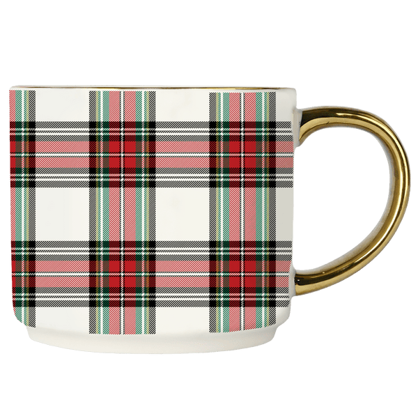 White Plaid 14oz. Gold Handle Coffee Mug