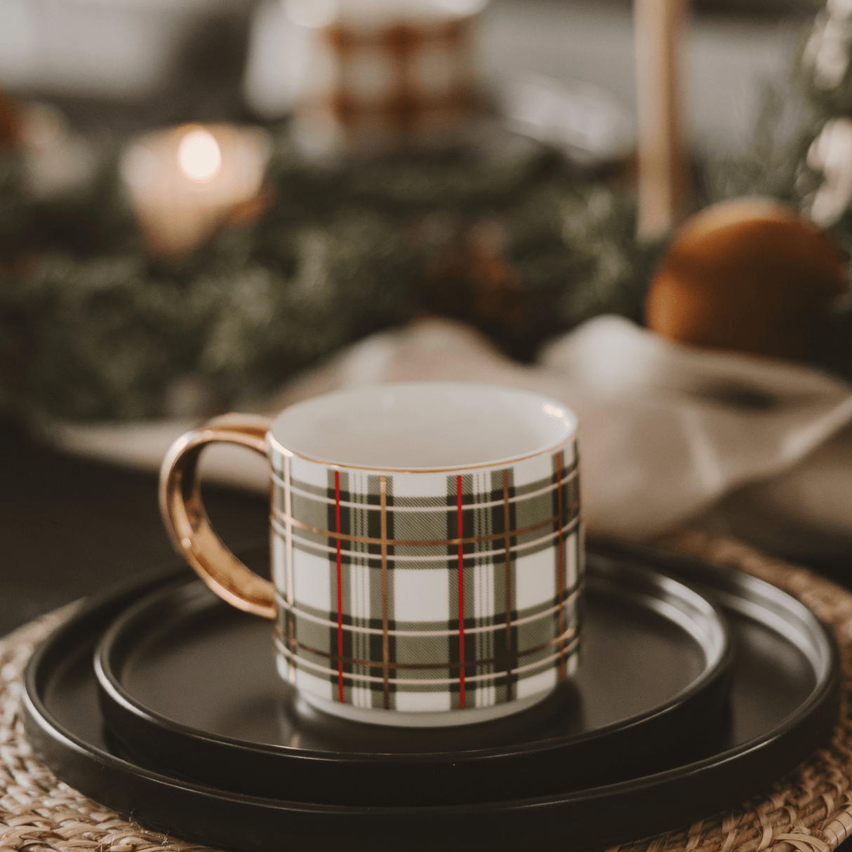 Green Plaid 14oz Gold Handle Coffee Mug