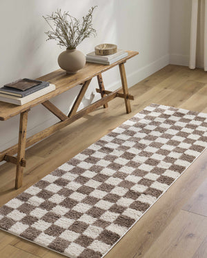 Canika Brown Washable Checkered Area Rug