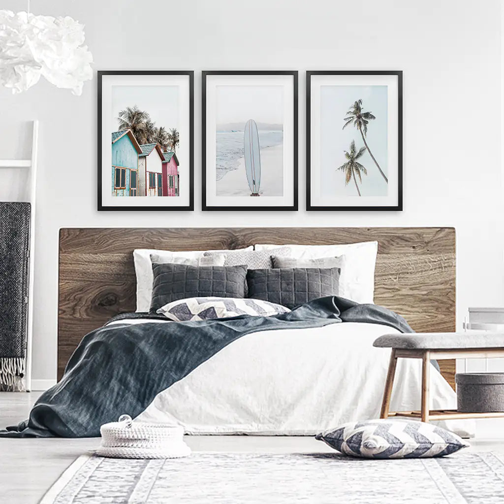 California Boho Wall Art. Surfboard, Palms, Beach, Cabins
