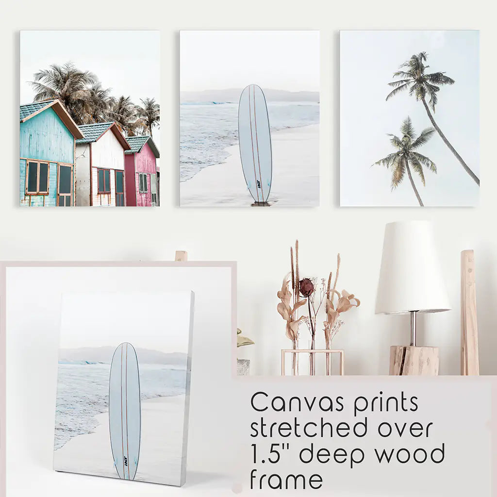 California Boho Wall Art. Surfboard, Palms, Beach, Cabins