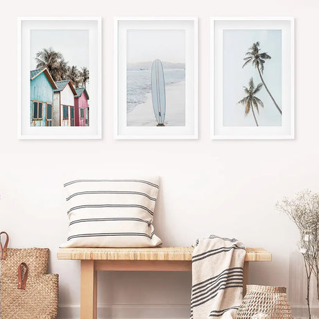 California Boho Wall Art. Surfboard, Palms, Beach, Cabins