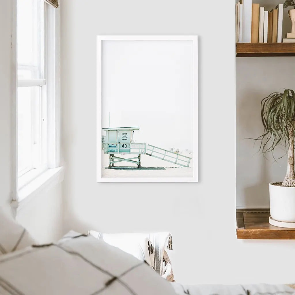California Coastal Life Themed Print. Blue Lifeguard Hut