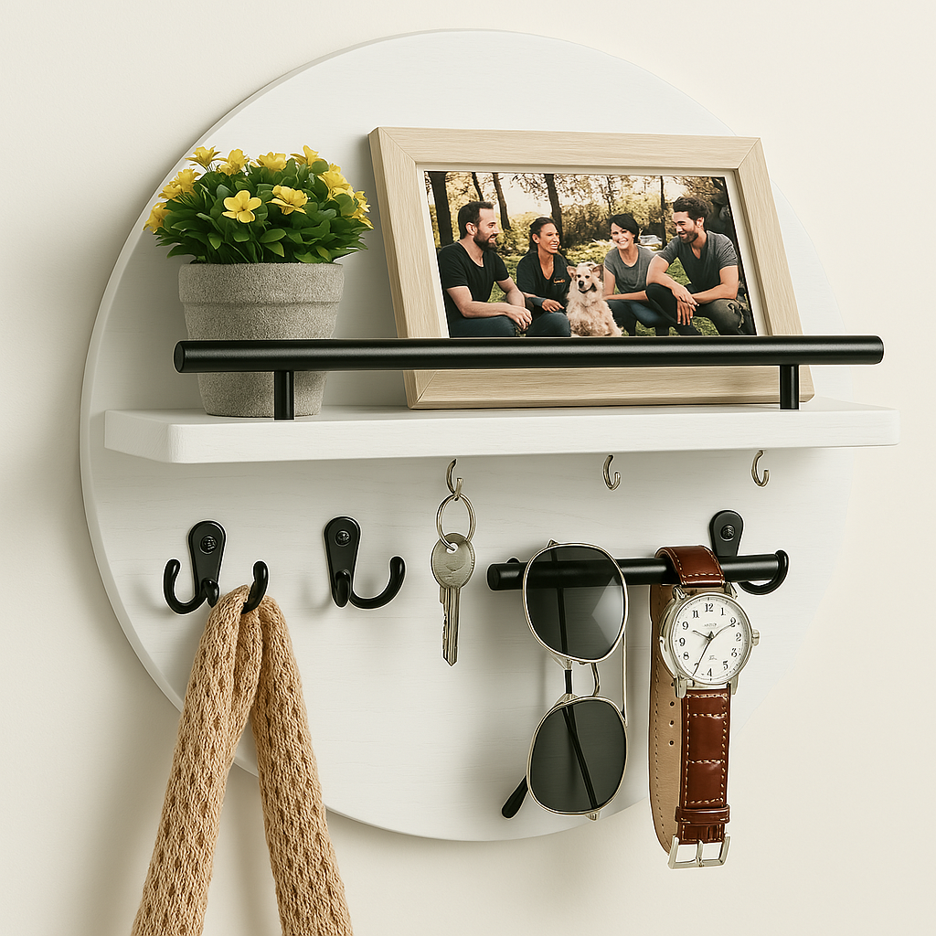 Round Wooden Key Holder Wall Mount Entryway Organizer Shelf Hooks