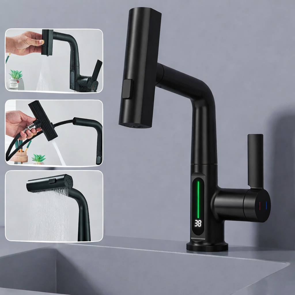Pull Out Waterfall Kitchen Faucet Digital Display Hot Cold Mixer Sink Tap