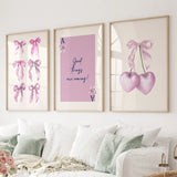 Trendy Pink Bows Wall Art Girly Print Decor Set