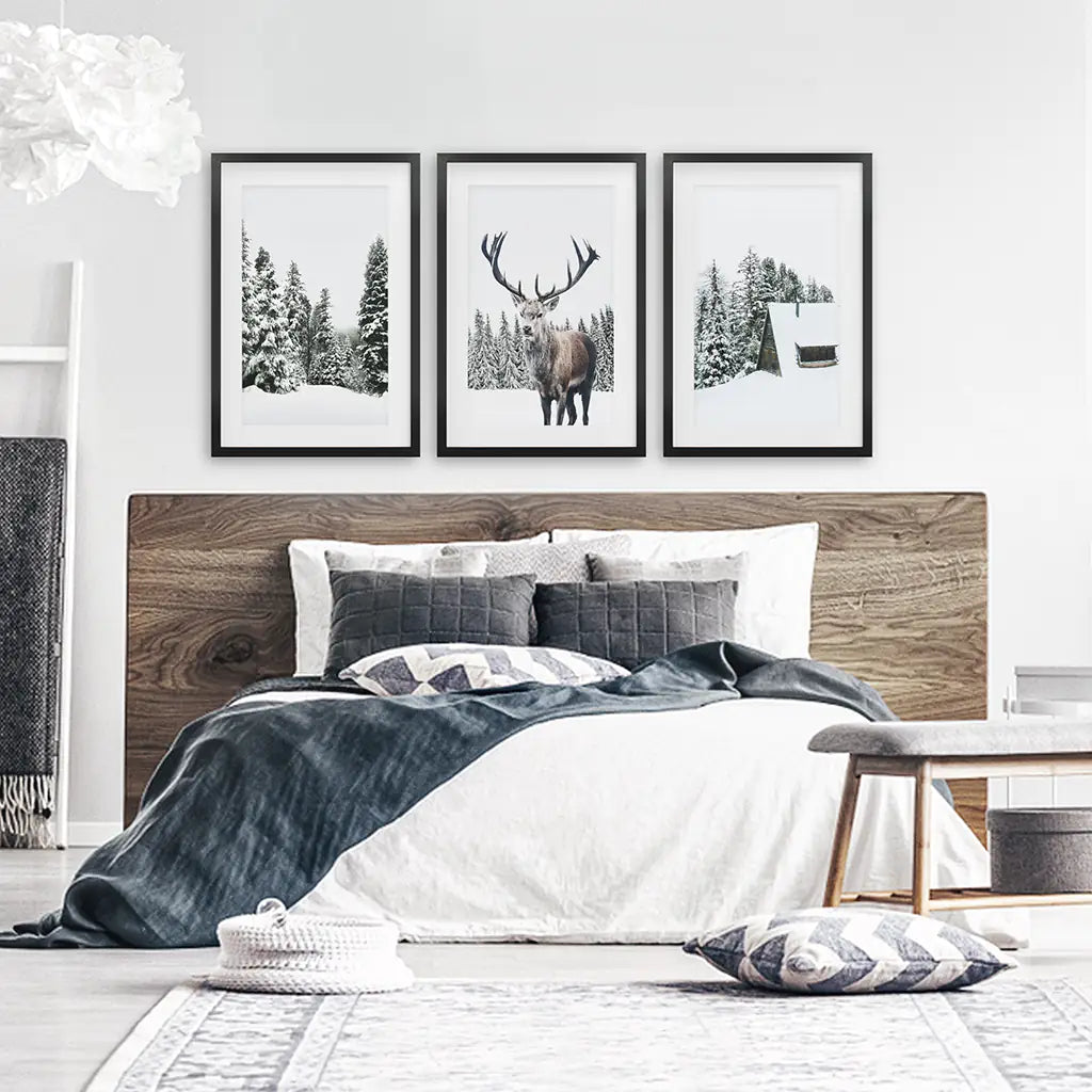 3 Piece Christmas Wall Art. Forest, Log Cabin, Reindeer