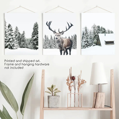 3 Piece Christmas Wall Art. Forest, Log Cabin, Reindeer