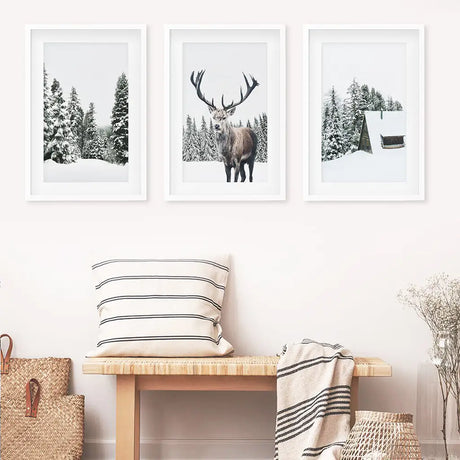 3 Piece Christmas Wall Art. Forest, Log Cabin, Reindeer