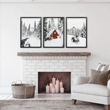 Christmas Deer Wall Art Set of 3. Red Barn, Frozen River