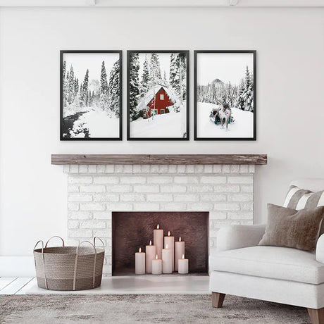Christmas Deer Wall Art Set of 3. Red Barn, Frozen River