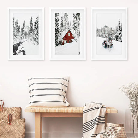Christmas Deer Wall Art Set of 3. Red Barn, Frozen River