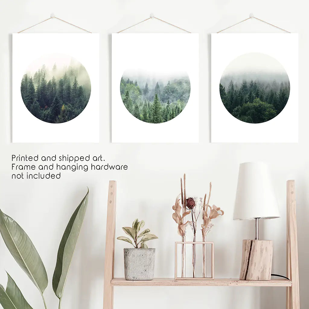Nordic Forest Circle Wall Art. Set of 3 Scandinavian Prints