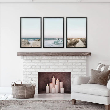 Ocean Surfing 3 Piece Wall Art. Blue Waves, Sandy Beach Path