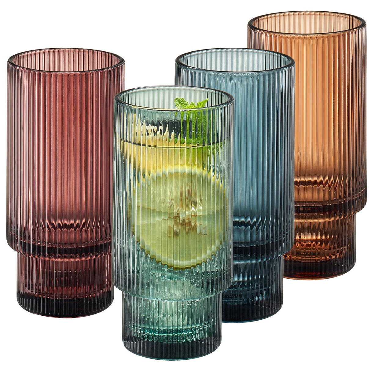 Tonal Ribbed Highball Glassware, Set of 4