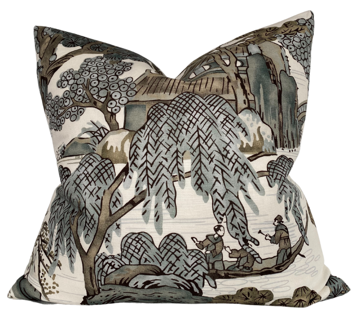 Asian Scenic Pillow Cover in Grey