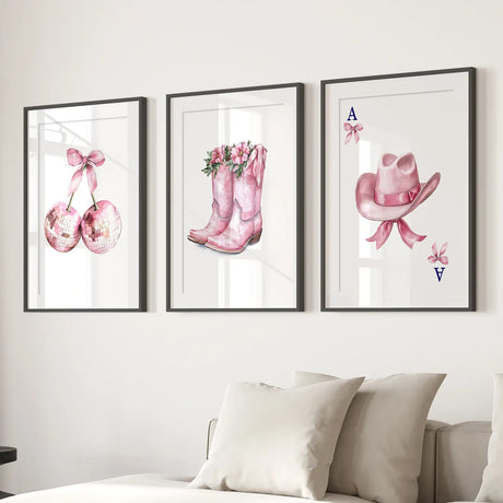 Cowgirl Hat and Boots Wall Art Pink Poster Set