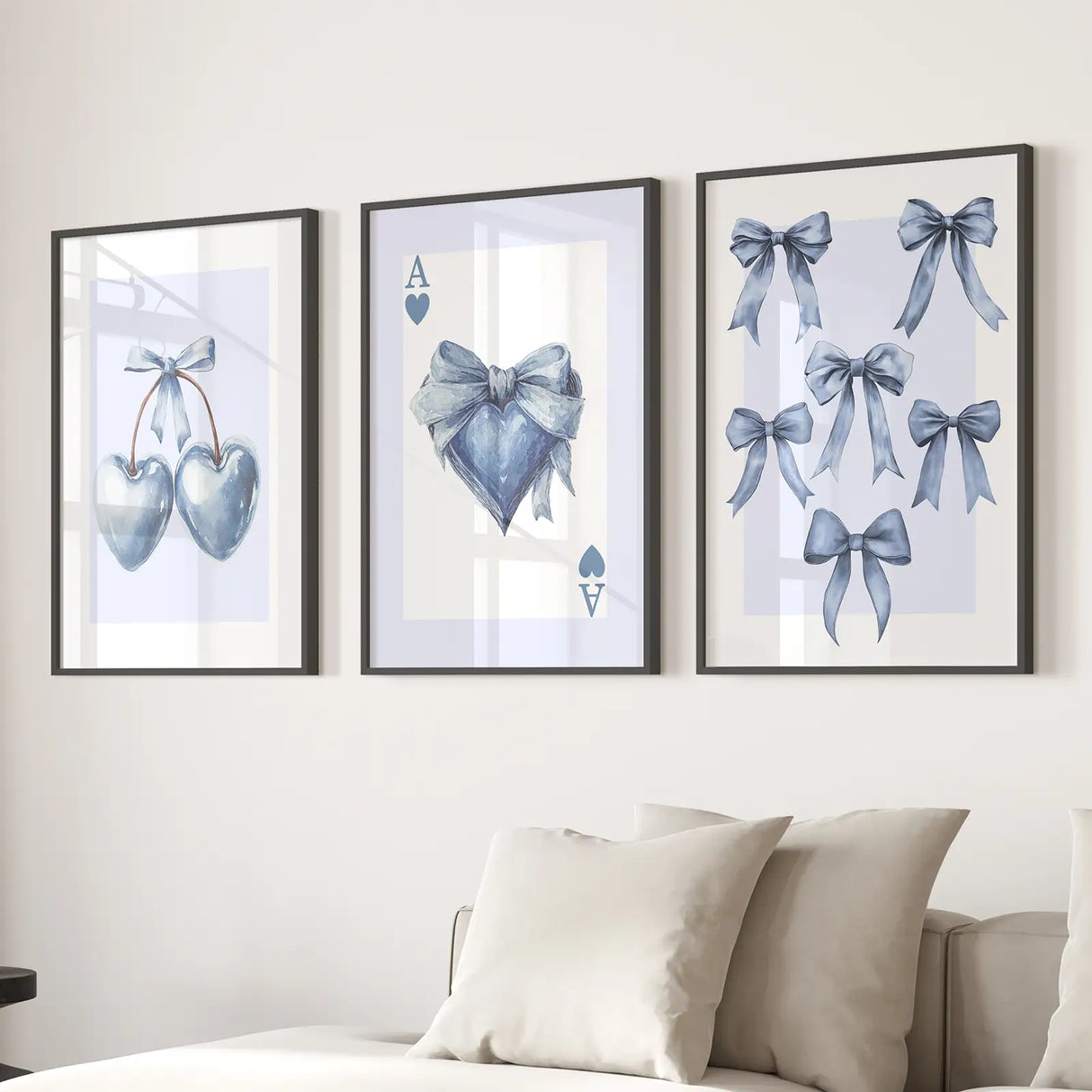 Blue Coquette Bows Wall Art Set of 3 Prints Decor