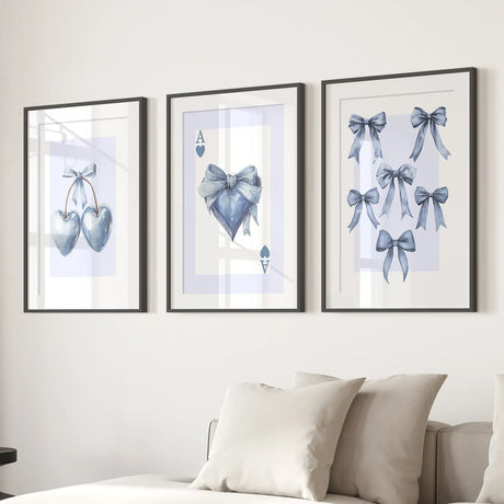 Blue Coquette Bows Wall Art Set of 3 Prints Decor