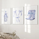 Trendy Blue Bows Girly Wall Art Set of 3 Print