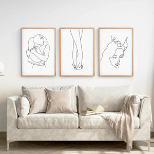 3 Piece Minimalistic Line Art Set. Couple, Holding Hands