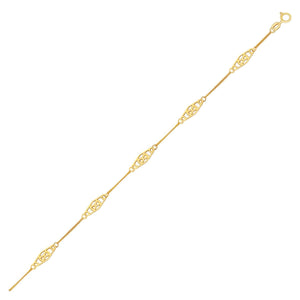 14k Yellow Gold Anklet with Fancy Diamond Shape Filigree Stations
