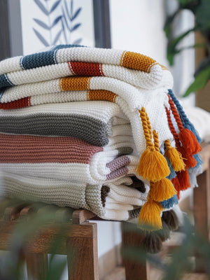 Boho Knitted Braided Tassel Throw Blanket