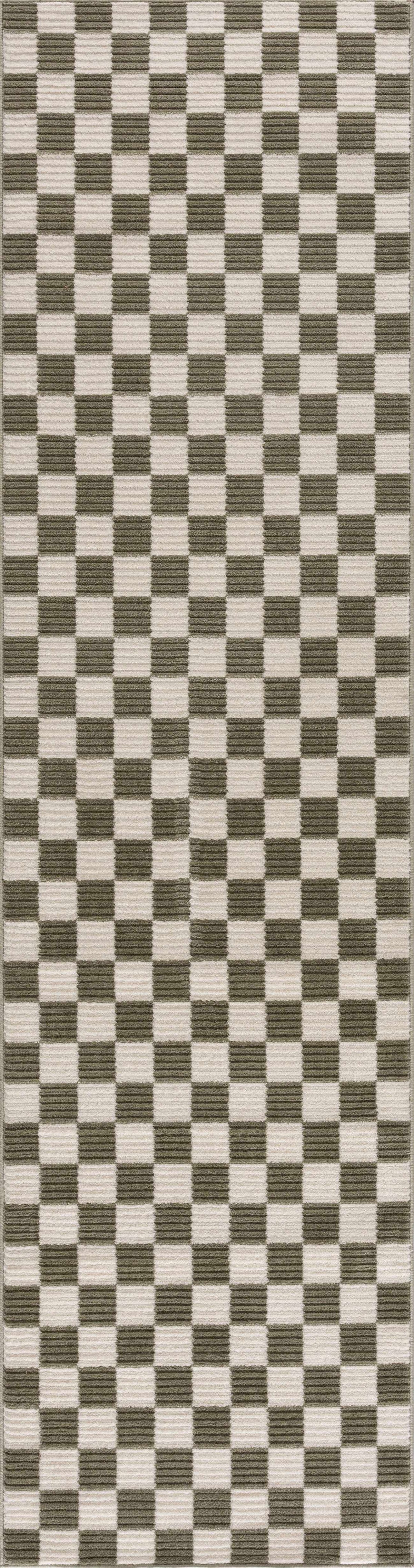 Kaysar Olive Green Checkered Washable Area Rug