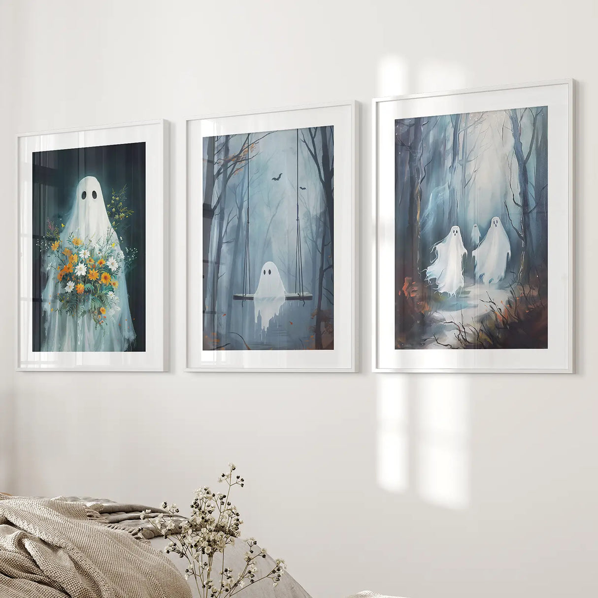 Cute Ghosts Halloween Art Print Gothic Decor Set