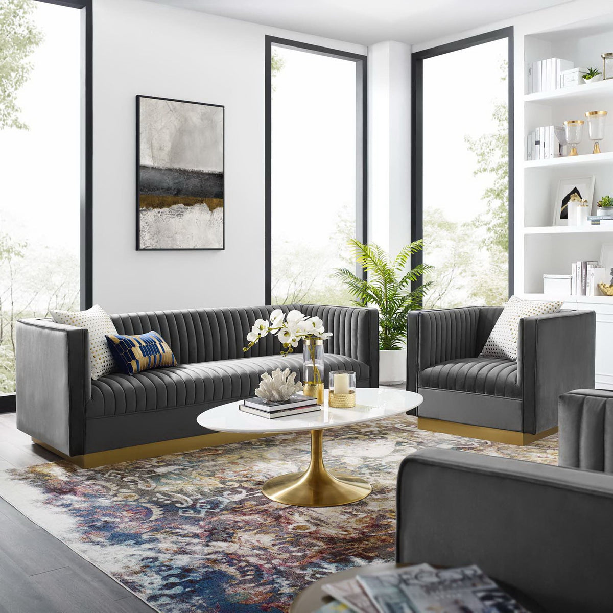 Sanguine Vertical Channel Tufted Upholstered Performance Velvet Sofa and Armchair Set by Modway