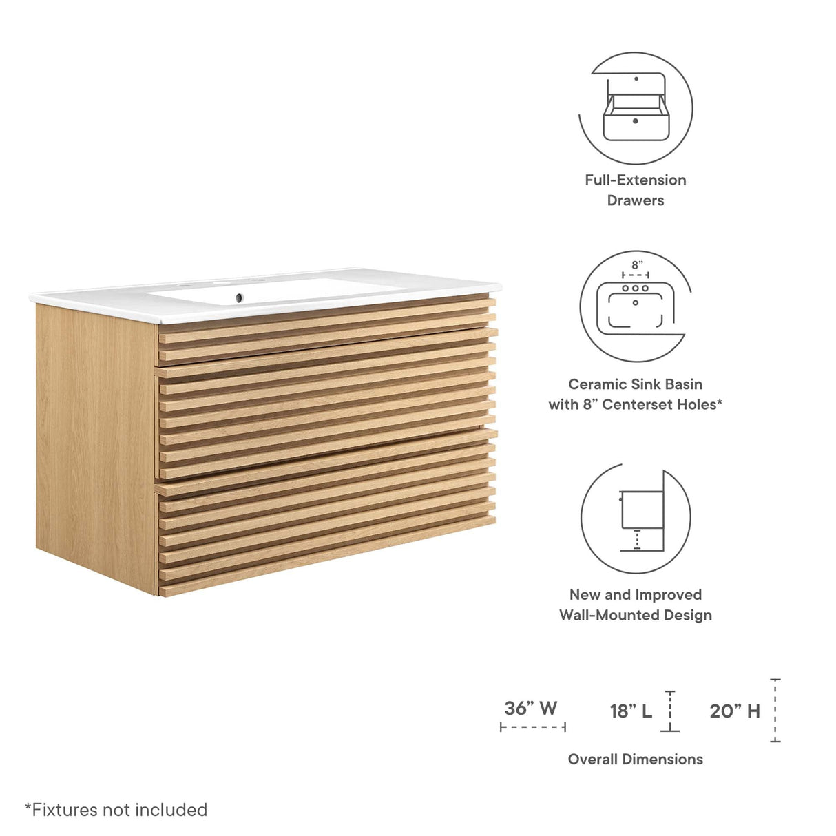Render 36" Wall-Mount Bathroom Vanity by Modway
