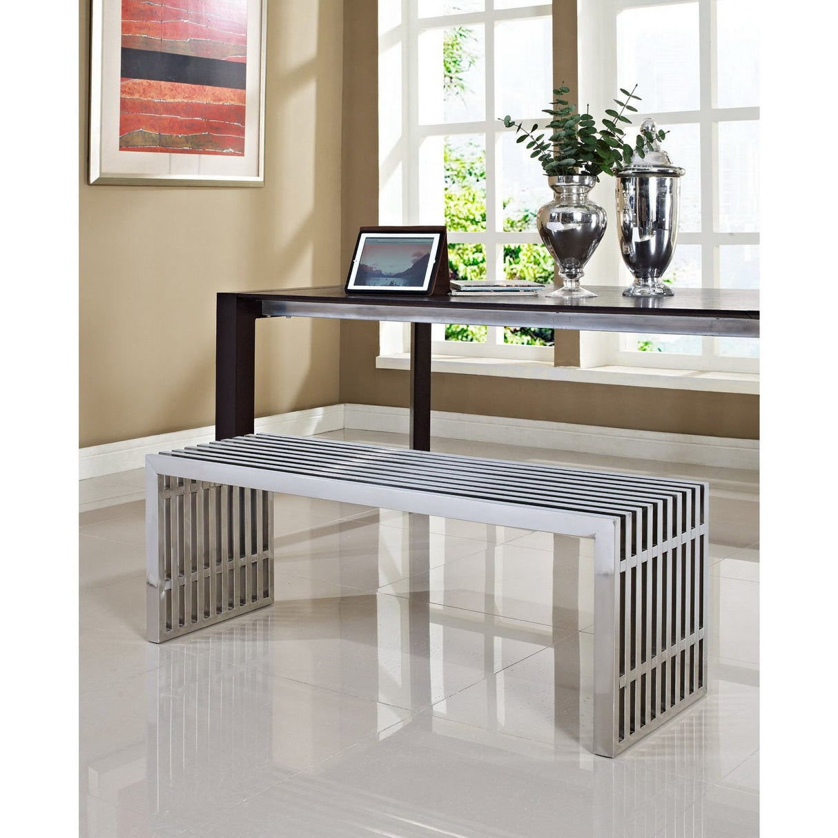 Gridiron Medium Stainless Steel Bench by Modway