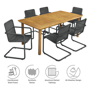 Abacus 7-Piece Rectangular Outdoor Patio Aluminum Dining Table Set with Rattan Armchairs