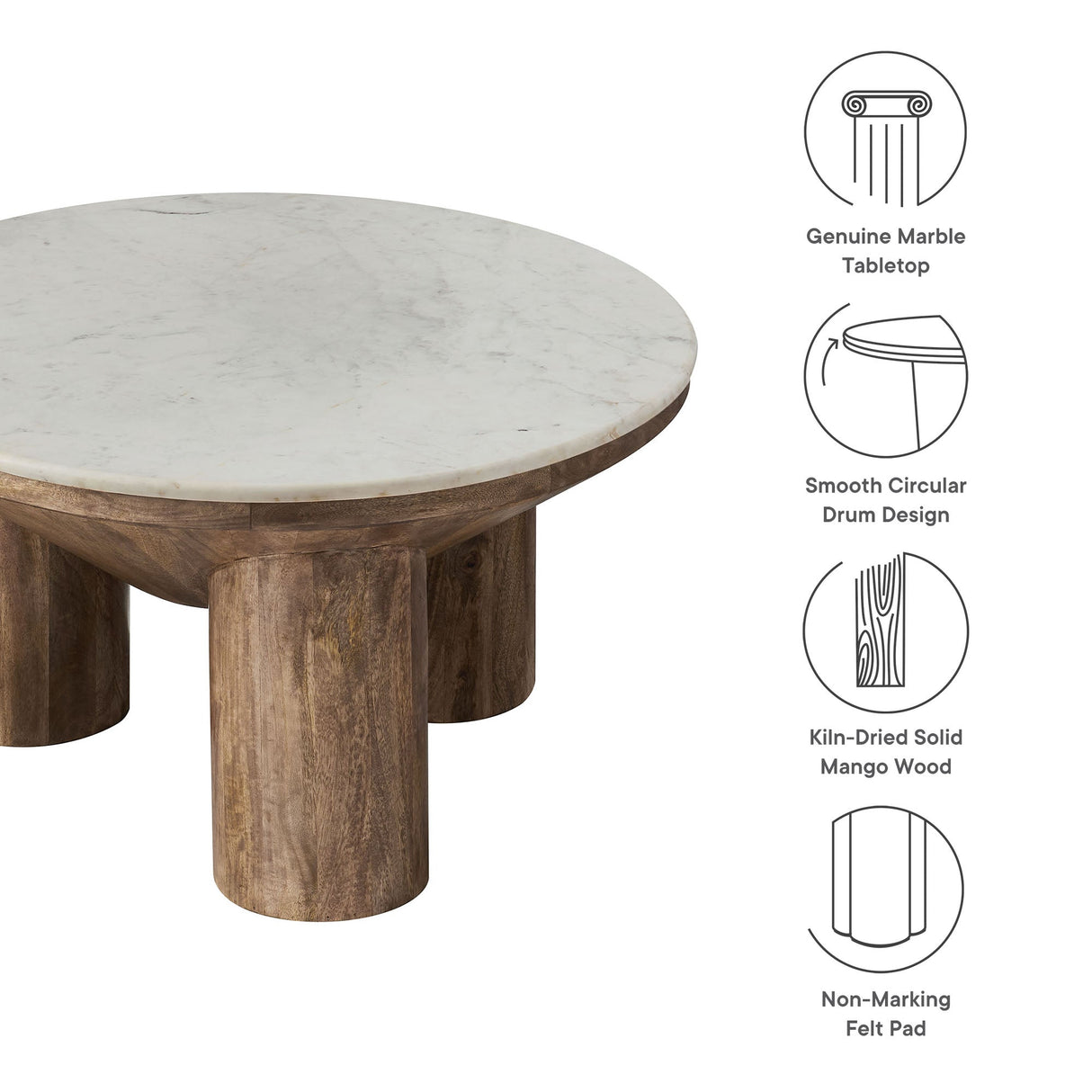 Ellison 33" Round Wood Coffee Table With Marble Top