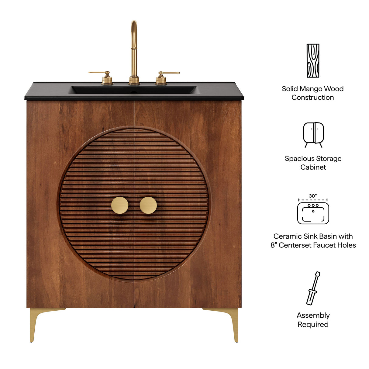 Vernon 30" Fluted Wood Bathroom Vanity Cabinet with Sink