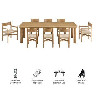 Alvia 9-Piece Oak Wood Extendable Dining Table and Chairs Set by Modway