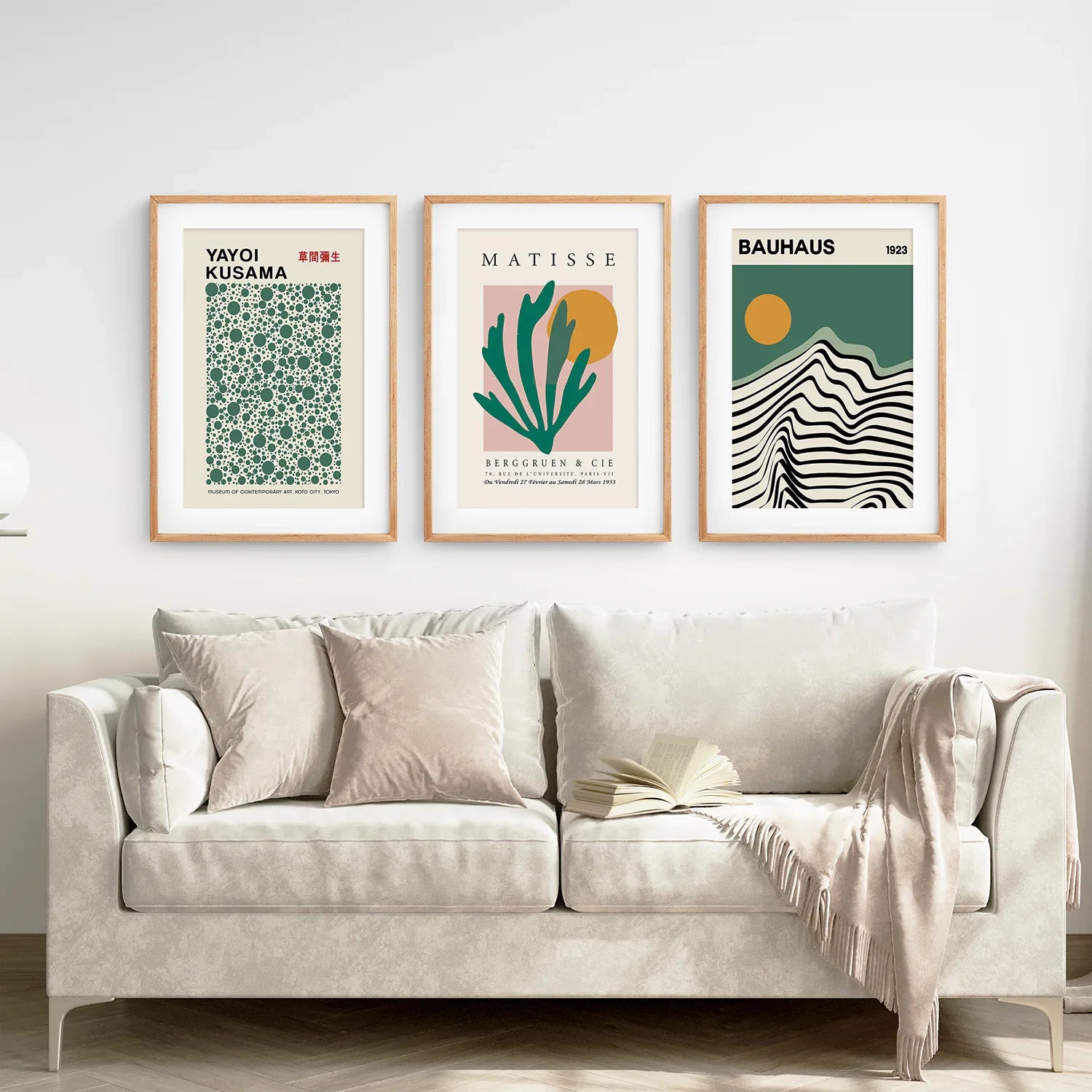 Sage Green Set of 3 Prints. Bauhaus, Kusama, Matisse Style