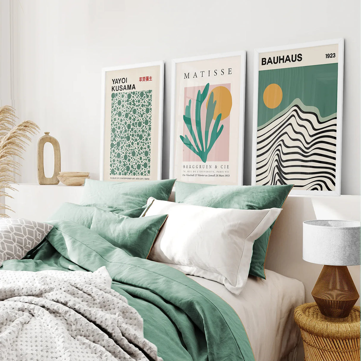 Sage Green Set of 3 Prints. Bauhaus, Kusama, Matisse Style