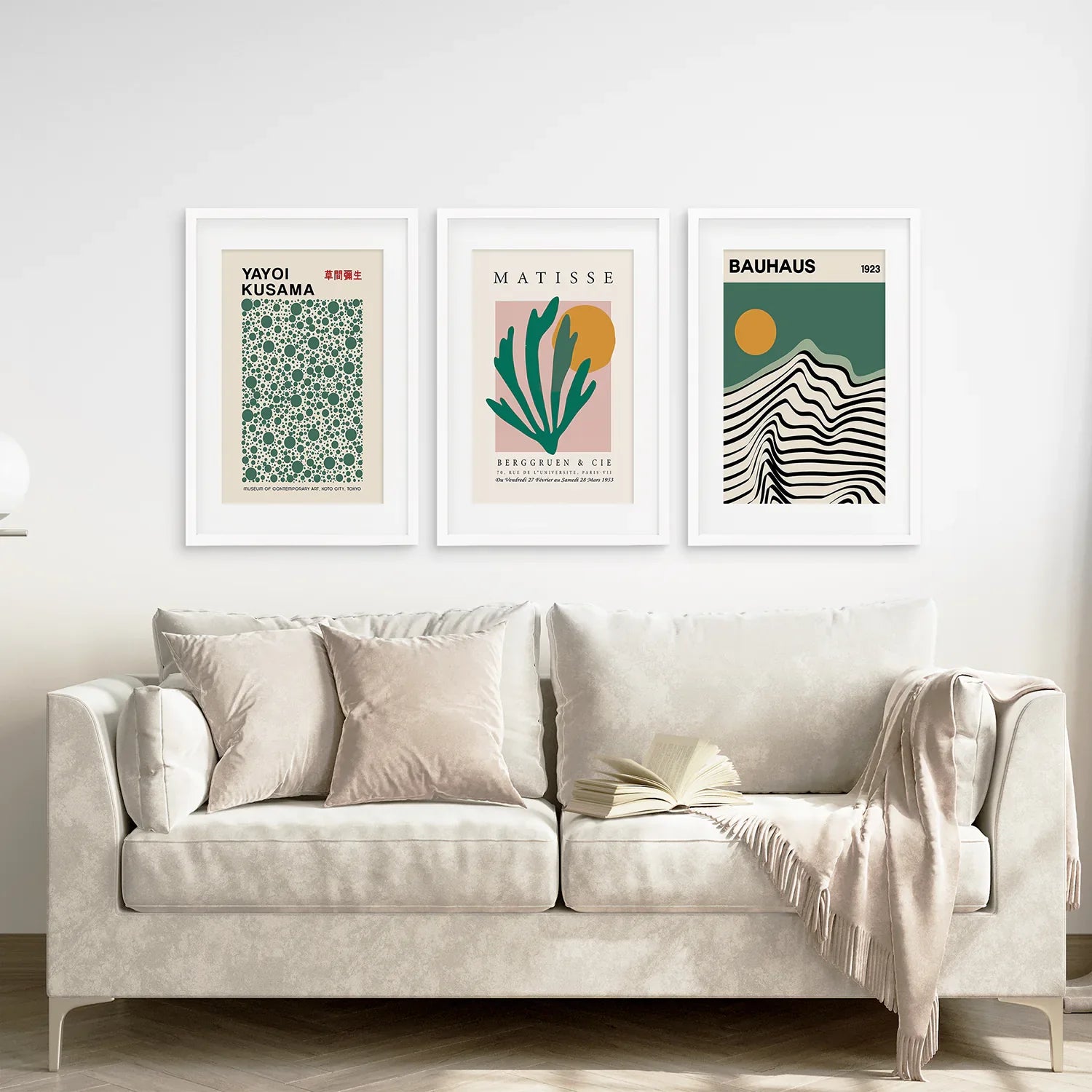 Sage Green Set of 3 Prints. Bauhaus, Kusama, Matisse Style