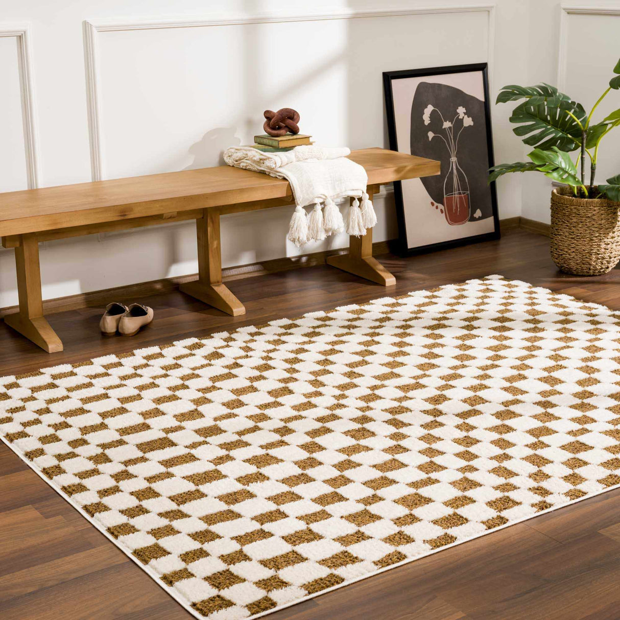 Lajos Brown Checkered Shag Rug
