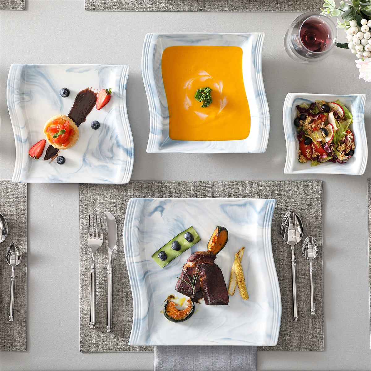 Flora Marble Grey 26 Piece Dinnerware Set
